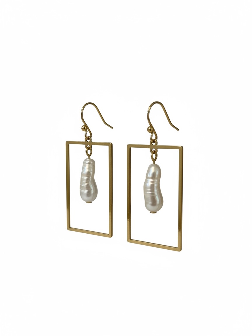 Gold Rectangular Frame Earrings With White Freshwater Baroque Pearls